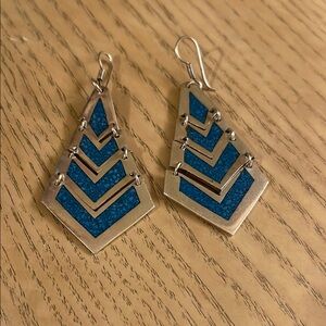 Silver and Blue Chevron Dangle Earrings